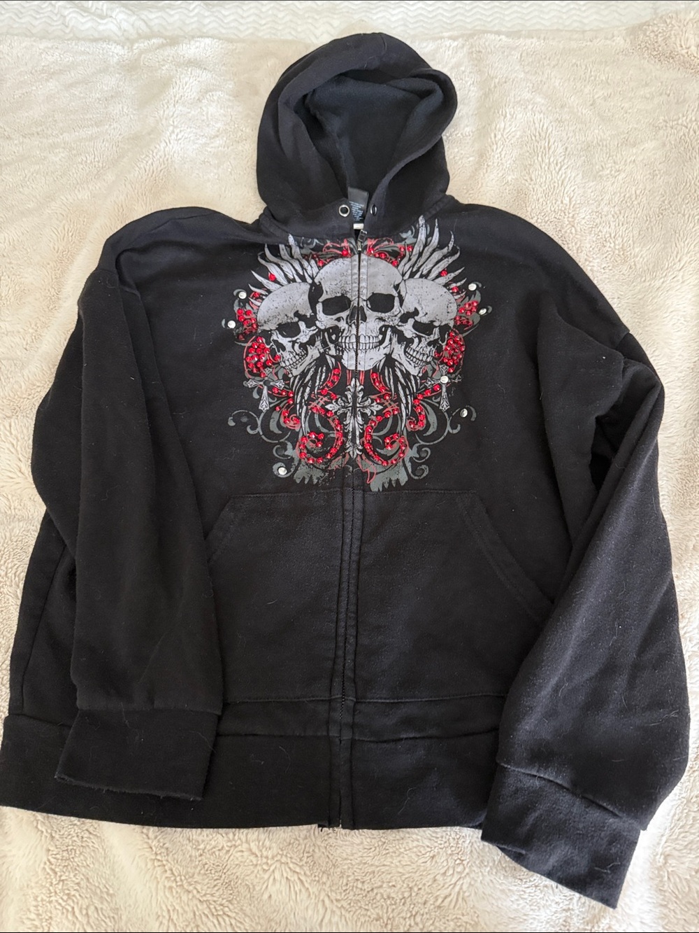 Women’s Black Zip-Up Hoodie with Skull Graphic